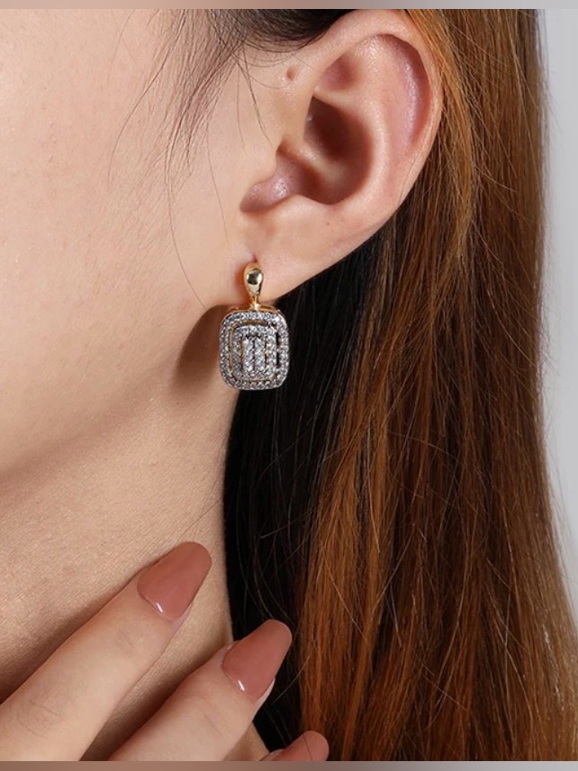 Elegant Gold & White Diamond Square Drop Earrings Victorian Style